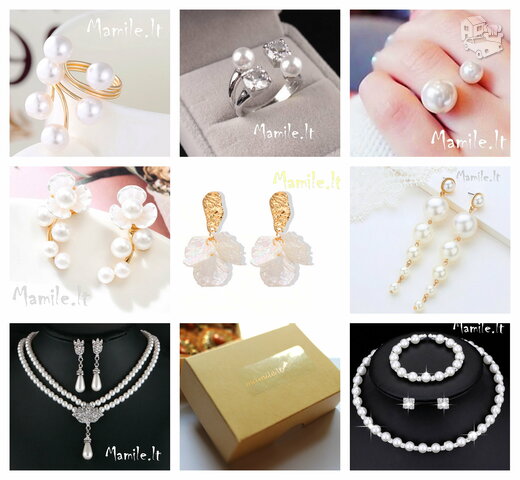 Puošnūs ir elegantiški perlų karoliukų papuošalai: žiedai,