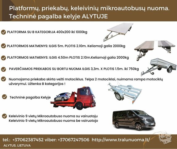 Įvairių Tralų, platformų, priekabų nuoma +37062387452 www