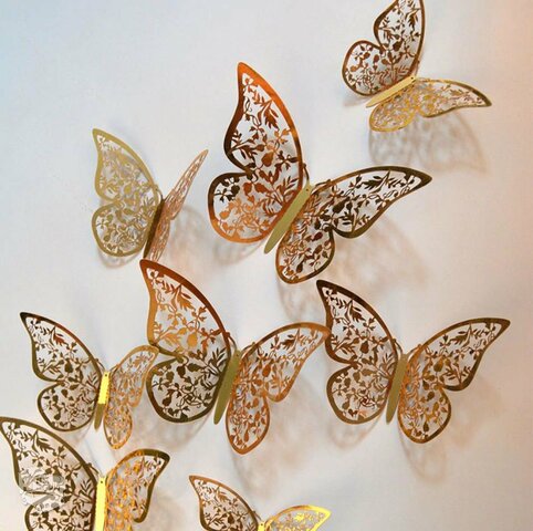 3D sienos lipdukai "Auksiniai drugeliai", 12 vnt.