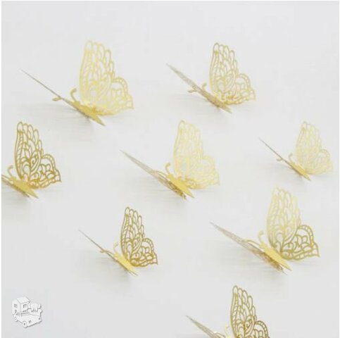 3D sienos lipdukai "Metalo drugeliai", aukso spalvos, 12 vnt