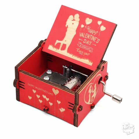 Mechaninė medinė muzikinė dėžutė Happy Valentine's Day