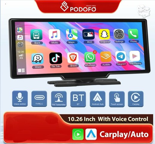 PODOFO GTS PLUS 10. 26 COLIŲ AUTOMOBILIO EKRANAS SU ANDROID AUTO